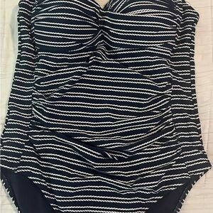 Navy and White Striped One-Piece Swimwear with Ruched Front